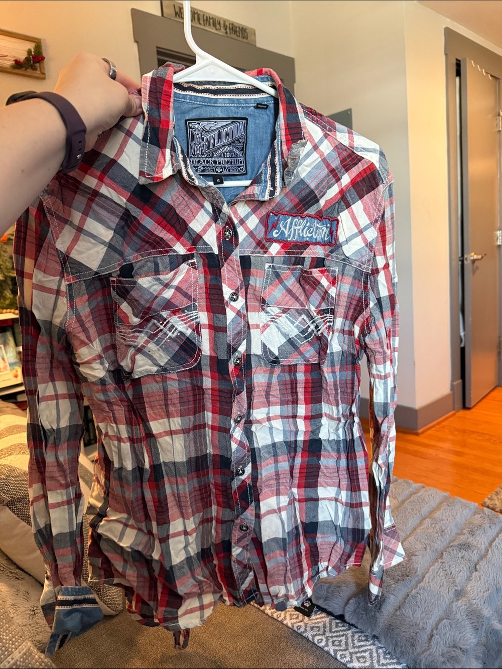 Affliction Plaid Button-Front Shirt in Red, White & Navy
